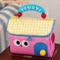 Bolsa de almuerzo de casa de manzana rosa con tapa a cuadros amarillos y asas azules - Bolsa Térmica de Casa de Dibujos Animados - Rosa