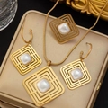 Golden geometric jewelry set with square pearls including necklace, earrings and ring - Square Fret Pearl Necklace Earrings Ring 3-Piece Set (K620)