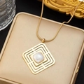 Retro golden snake chain necklace with square geometric pendant and white pearl inlay - Square Fret Pearl Necklace (K621)