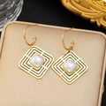 Minimalist geometric square layered earrings with white pearl inlay in golden finish - Square Fret Pearl Earrings (K622)