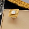 Golden multi-layer hollow square ring with a white pearl-like inlay in an adjustable design - Square Fret Pearl Ring (K623)