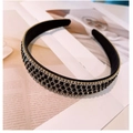 French vintage wide headband with black and clear rhinestones on gold metal frame - Black