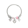 Silver woven beaded bracelet featuring pink enamel hearts and crystal charms on white background - Pink