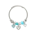 Silver twisted cable cuff bracelet with heart charms and blue beads on white background - Blue