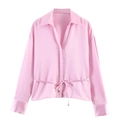 Elegant pink satin long-sleeve shirt with lapel collar and drawstring waist belt - XS / Pink