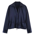 Navy blue satin long sleeve shirt with classic collar and adjustable waist drawstring - XS / Aqua