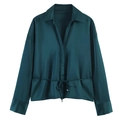 Detail of dark green satin shirt featuring a classic collar and waist drawstring tie - XS / Green