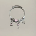 Silver charm bracelet with pink star padlock and key charms on a textured band - Silver Pink Star Key Rhinestone Bracelet