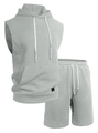 Light gray men's sleeveless hooded vest and shorts set with textured herringbone pattern - S / Light Gray