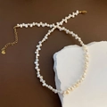 Baroque natural pearl necklace with golden heart pendant and adjustable extender chain - 2-5#17 Pearl Necklace White 3-4mm