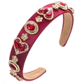 Baroque wine red headband with heart-shaped crystal embellishments and gold accents - Red