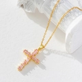 Cross pendant necklace with pink rectangular zircon stones and a gold-plated link chain - Gold/Pink Rectangular Zirconia Cross/N1