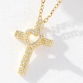 Gold cross necklace with hollow heart and white zircon micro-pave setting - Gold/Hollow Heart Pavé Zirconia Cross/W1