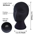 Black flocked mannequin head for wigs and hats with detailed size dimensions shown - Flocked Mannequin Head 2Pcs (YCSM005-B) / OPP Bag Packaging / Black