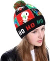 LED Christmas knitted hat with snowman and reindeer patterns featuring HO HO HO text - Plaid Christmas Tree