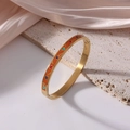 Gold plated titanium steel bangle with bright orange enamel and colorful floral pattern - Bright Orange Floral Pattern (J12)
