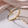 Gold-plated 6mm titanium steel bangle with blue and yellow enamel floral patterns - Colorful Interwoven Pattern (J23)