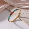 Gold 6mm titanium steel bangle featuring colorful enamel geometric patterns and hinge - Rhythmic Geometric Enamel (J28)