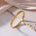 Gold-plated 6mm bangle featuring vibrant pink and orange enamel abstract patterns - Abstract Arc Painting (J39)