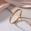 Golden 6mm titanium steel bangle with colorful yellow, red and purple enamel patterns - Fluid Abstract Geometric (J40)