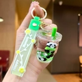 Cute green panda milk tea cup keychain with liquid sequins and Happy Moments wristlet - [milk Tea Cup] Translucent Green Bamboo Panda
