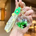 Green panda heart liquid sand keychain with Happy Moments PVC strap and golden clasp - 【heart-shaped】green Bamboo Panda