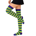 Detail of purple, yellow and green striped over-knee socks for Mardi Gras costume - Purple Green Yellow Thin Striped