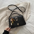 Minimalist black crocodile embossed crossbody bag with golden buckle and beaded charm - With Pendant / Black