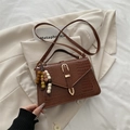 Brown crocodile embossed handbag with vintage gold buckle and stylish wooden beads - With Pendant / Brown