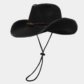 Black woven western cowboy straw hat with brown leather band and metal emblem - One Size / Contrast Black
