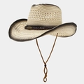 Beige woven straw cowboy hat with brown brim edging and a metal emblem band - One Size / Contrast Hollow Beige Black Rim