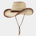 Classic woven western cowboy straw hat with gradient brim and adjustable chin strap - One Size / Contrast Hollow Beige Brown Rim