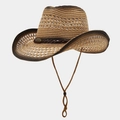 Brown gradient straw cowboy hat with adjustable chin strap and braided leather band - One Size / Contrast Hollow Khaki Black Rim