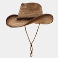 Classic western straw cowboy hat in brown weave with leather band and metal buckle - One Size / Contrast Hollow Khaki Brown Rim