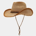 Brown woven western cowboy straw hat with vintage metal buckle and adjustable chin strap - One Size / Contrast Hollow Khaki Khaki Rim