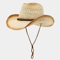 Classic straw cowboy hat in light beige with brown ombré brim and woven leather band - One Size / Contrast Hollow Beige Khaki Rim