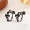 Macro shot of hip-hop style black zircon cross huggie earrings with screw-back design - Pave Black Crystal Cross Style / One Pair / Gunmetal