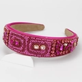 Fuchsia baroque wide headband with hand-embroidered beads and sparkling rhinestones - Rose Red