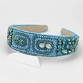 Baroque style wide headband with blue hand-embroidered beads and sparkling rhinestones - Lake Blue