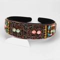 Baroque wide headband with multi-color crystals and beads on black fabric base - Rainbow