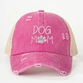 Distressed pink ponytail baseball cap with Dog Mom embroidery and breathable mesh - One Size / Rose Red