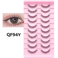 Detail of 10 pairs of natural QF94Y false eyelashes with thin clear band on pink tray - Natural Slender Style (QF94Y)