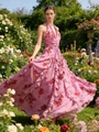 Pink floral halter maxi dress with ruffle hem, elegant backless summer vacation long dress - S / Deep Pink
