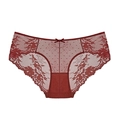 Slip sexy a vita bassa in pizzo rosso scuro con rete a pois trasparente e fiocco - S / Rosso Corallo