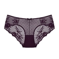 Slip in pizzo viola scuro a vita bassa con rete a pois trasparente e fiocco decorativo - S / Viola Prugna