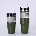 Detail of army green insulated stainless steel tumblers with 3-way lids and straws - 20oz / Olive Green