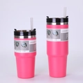 Detail of 20oz pink stainless steel insulated tumblers with versatile 3-way lid and straw - 20oz / Deep Pink