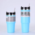 Detail of 30oz blue stainless steel tumblers showing the lid and dual-wall insulation - Lake Blue