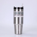 Detail of 3-way option lid on 30oz stainless steel tumbler with straw and swivel top - Steel Color