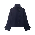Detail of navy blue wool coat featuring a stand collar and large button closure - Navy Blue
